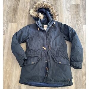 Fjallraven Singi Down Jacket Women's Large (Dark Navy) with faux fur trim